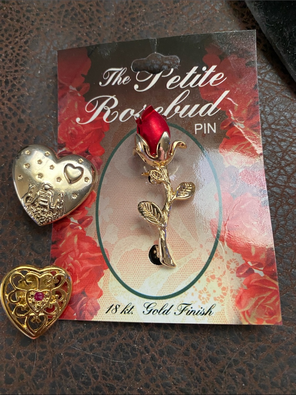 Vintage Gold Stem with Red Rosebud, Shrek & Fiona Gold heart pin, Ruby Heart Pin